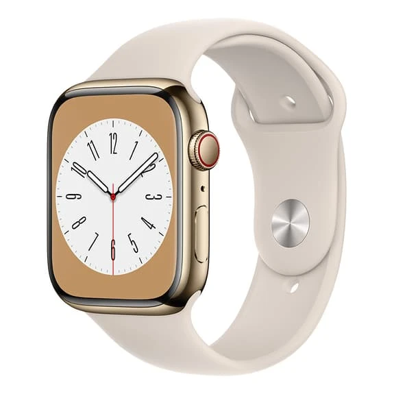 Apple Watch Series 8 GPS + Cellular 45 Mm Acier Inoxydable Or Avec Bracelet Sport Blanc étoiles